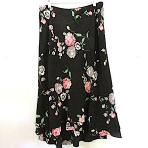 Lauren A-line Midi Skirt, Pink Roses on Black, Size 12